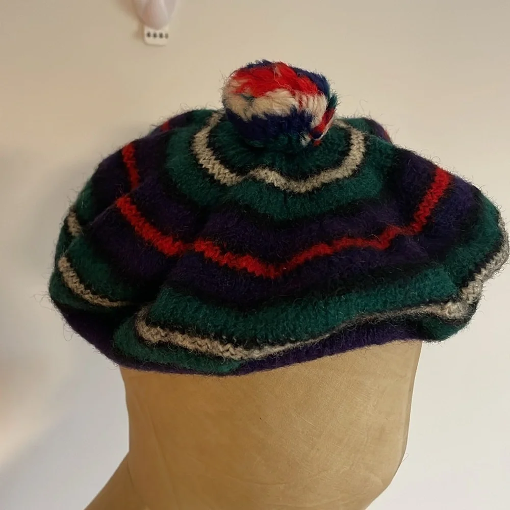 VTG Striped Knit Tam Beret Green Wool Pom Scotland MacKenzie Hat Cap Stripe Navy